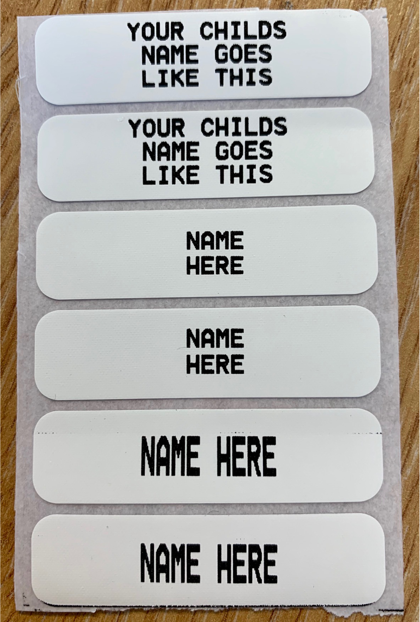 By ironing in our printed iron-on labels, your childs uniform and sports kit can be identified easily and efficiently. Up to 3 lines of text.
A tough label with a strong heat seal adhesive on the reverse, which can be applied to clothing with a household iron.